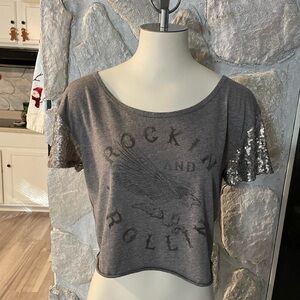 Hollister California Gray “Rockin & Rolling” Short Sleeve Sequin Crop Top- Small